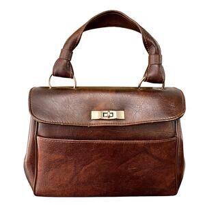Vintage 1950's Brown Leather Turnkey Accordion Style Handbag